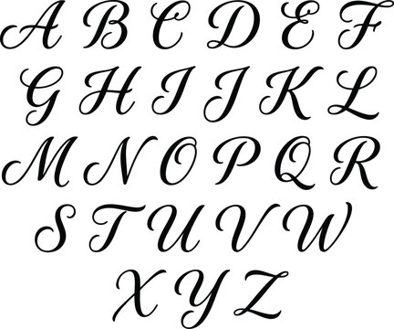 Complete set of uppercase letters of the english alphabet in a fancy elegant cursive calligraphic font style for typography and design projects