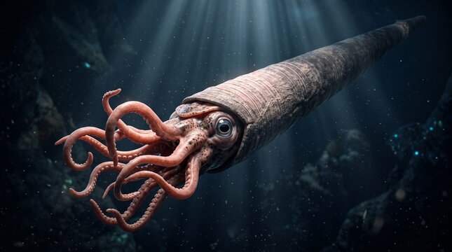 Prehistoric Orthocone cephalopod swimming in deep underwater ocean depths