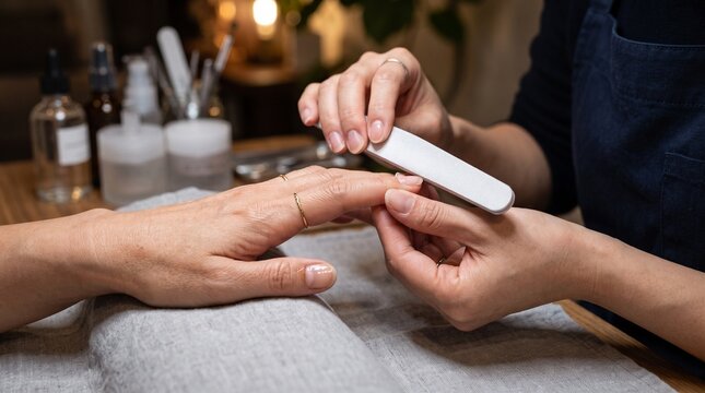 Professional manicure treatment in beauty salon. Manicurist filing female fingernails with buffer. Hand care and nail service.