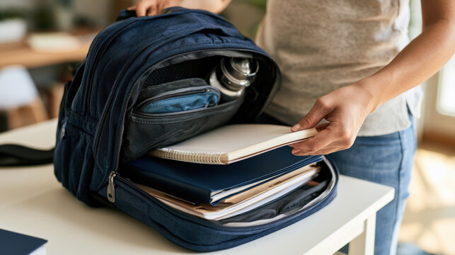 Student packing a notebook, binder and school supplies into an open blue backpack while organizing materials after school