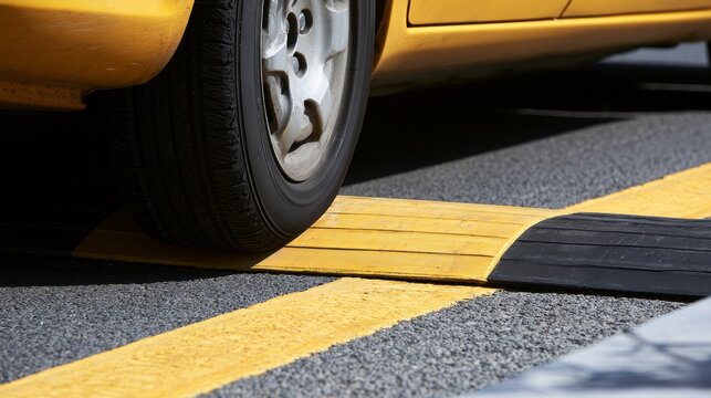 Car wheel passing over a rubber speed bump on an asphalt road, showing traffic calming, vehicle safety, road control, speed reduction and urban transportation infrastructure