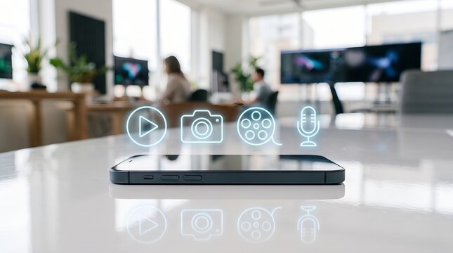 Modern smartphone resting on a bright office desk with glowing digital media and content creation icons floating above it representing video audio and photography tools