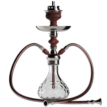 Traditional copper hookah pipe with glass base and hose isolated on white background