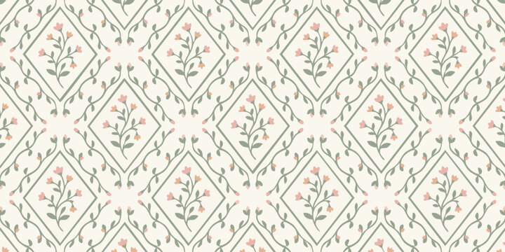 Seamless Floral Pattern With Delicate Pink Flower Sprigs Inside Elegant Geometric Diamond Lattice Frames For Romantic Textile Design