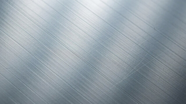 Brushed metal texture background, polished steel surface with diagonal lines, industrial silver metallic backdrop for tech design