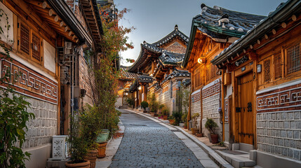 Naklejka premium Bukchon Hanok Village with traditional Korean houses, cobblestone alleys, soft morning light, authentic Korean heritage, ultra realistic, HDR, 8K, no people