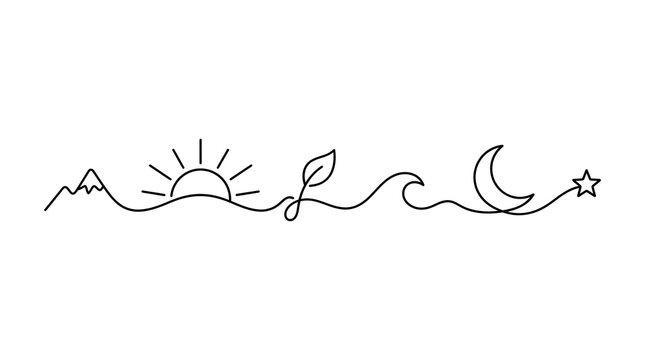 Minimalist Nature Line Art with Sun Moon Mountain and Wave