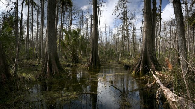 Florida Everglades swamp landscape with lush wetlands, still water and native vegetation, showcasing a natural subtropical ecosystem, wildlife habitat, wilderness and environmental conservation