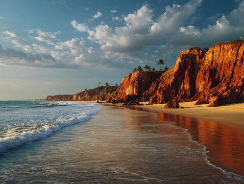Canoa Quebrada beach with iconic red sandstone cliffs overlooking the Atlantic Ocean, golden sunset, tropical paradise, ultra photorealistic, no people