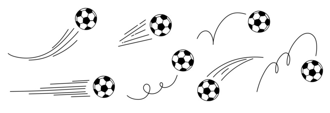 Cartoon soccer ball with trajectory lines. Doodle sport icon capturing bounce and energy of play. Set isolated on white background.