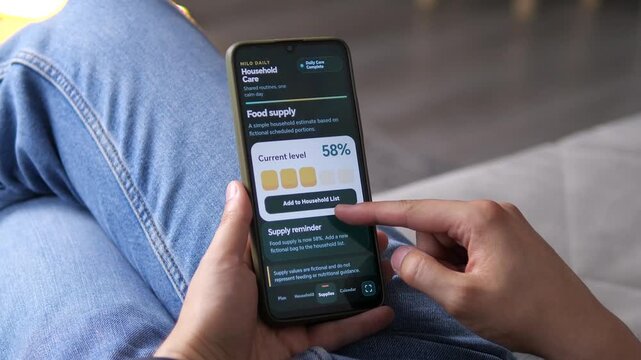 Pet owner uses a mobile care planner to track a dogs daily routine and food supply, highlighting smart household organization, pet wellness, reminders and digital caregiving.
