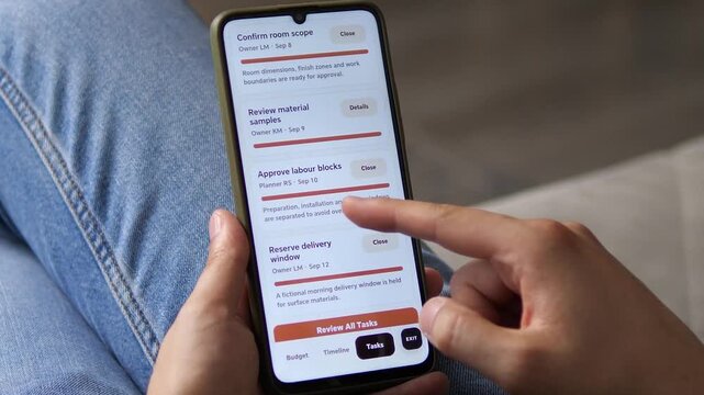Home renovation planning on a smartphone shows completed project tasks, material review, labor approval and delivery scheduling in a modern digital workflow.