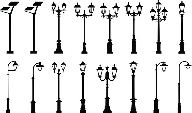 Comprehensive set of diverse street lamp and lamppost silhouettes, isolated on a white background, featuring solar-powered lights, ornate posts, and modern fixtures for urban and