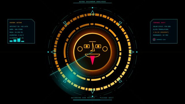 Futuristic Aztec Calendar Analysis Digital Interface Display with Rotating Scanning Radar Elements