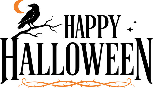 Happy Halloween vector graphic illustration featuring a black raven perched on a leafless branch with a crescent moon and stars
