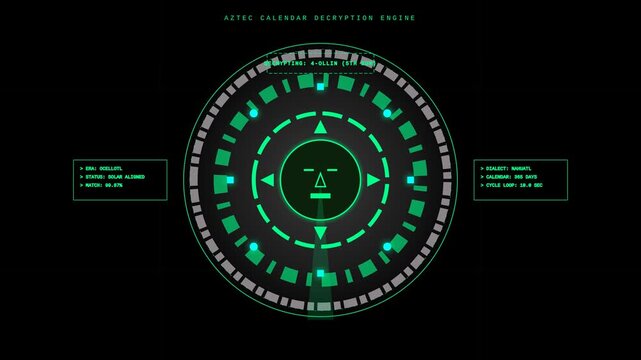 Futuristic Aztec Calendar Decryption Engine HUD Interface Animation with Rotating Digital Scanners