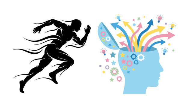 Dynamic vector illustration of a running man silhouette and open human head with creative ideas