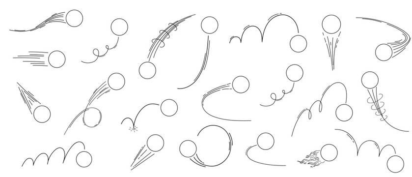 Abstract sports ball doodle collection featuring soccer, football and tennis sketch icons with speed and movement vector elements