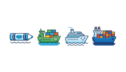 Cute vector set of cartoon ships cargo vessels and a smiling crayon floating on water