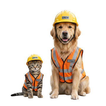 Golden retriever dog and tabby cat wearing construction helmets and safety vests isolated on white background