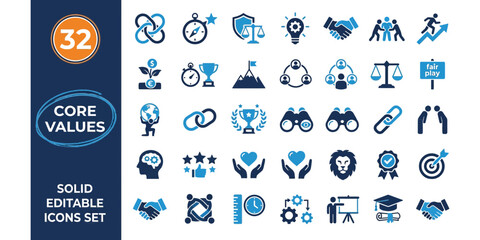 Fototapeta premium Core Values and Corporate Ethics Solid Vector Icons Set for Business Mission, Integrity, Leadership, and Company Principles