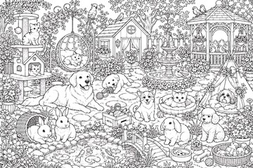 Fototapeta premium whimsical pet garden, pet paradise, cute pets, animal garden, playful animals, fantasy garden, magical garden, pet lovers, adorable animals, charming garden, colorful flowers, enchanted garden, happy 