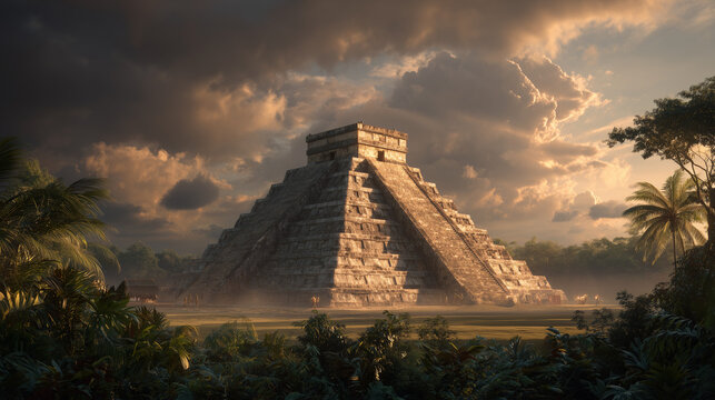 Chichen Itza pyramid at golden sunrise, dramatic clouds, ancient Mayan architecture, lush tropical landscape, ultra photorealistic, cinematic lighting, HDR, 8K, highly detailed