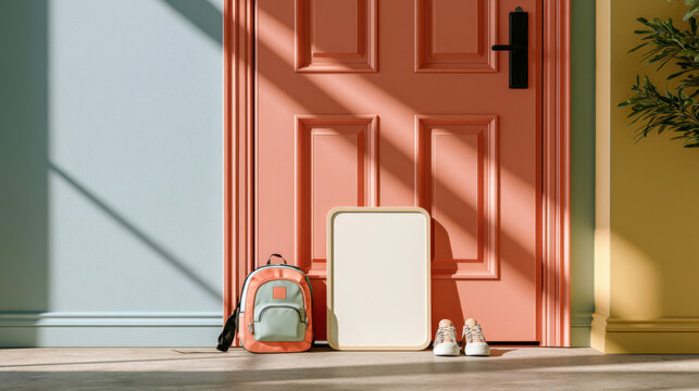 Blank back to school milestone board mockup with backpack and shoes in front of a coral door with warm sunlight