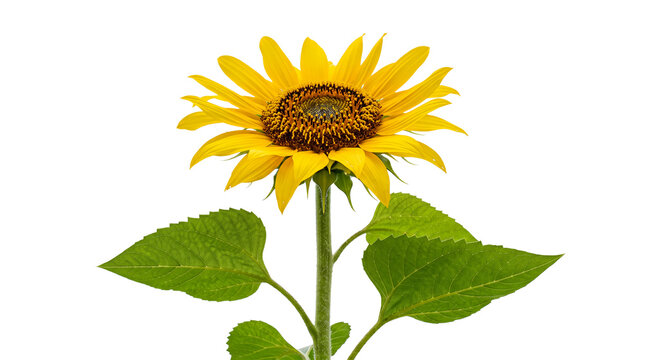 Sunflower Plant with Blooming Yellow Flower Head Green Leaves and Stem Isolated PNG Transparent Background Studio Macro Shot