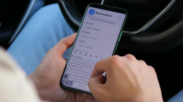 Driver reports vehicle damage through a mobile insurance app, entering incident date and location as digital claims services transform car insurance and roadside support.