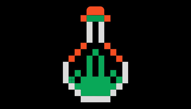 A stylized pixel art icon of a potion bottle with green liquid isolated on a black background.