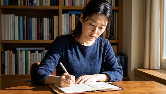 手帳に書き込む女性 本棚のある部屋と窓の光 予定を立てる時間