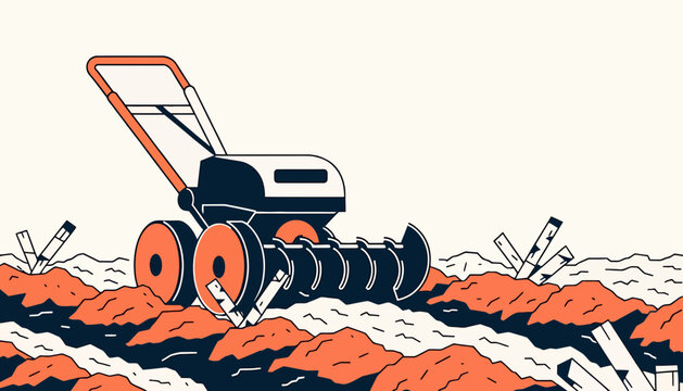 Stylized flat illustration of a mechanical agricultural tiller working on a plowed field.