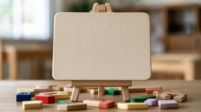 Blank school milestone sign mockup on a small wooden easel with colorful educational blocks scattered across a classroom table