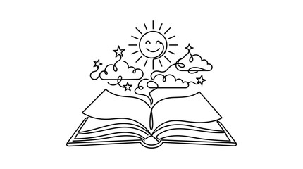 Continuous line art of open book with sun clouds and stars for imagination concept