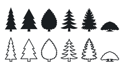 Obraz premium A collection of six distinct tree silhouettes, each shown in a solid black style and a corresponding outlined stroke style