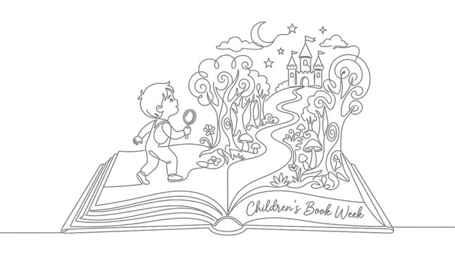 Continuous line drawing of a boy exploring a fantasy world coming out of an open book