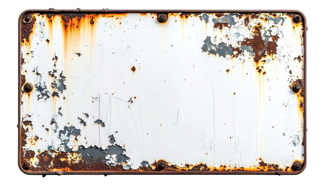 Close-up of a weathered, rectangular metal plate, displaying rust and peeling paint. Fastened with bolts. White, grey and orange
