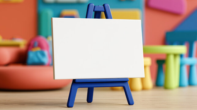 Blank white kindergarten sign mockup on a blue easel in a colorful classroom with playful furniture and copy space