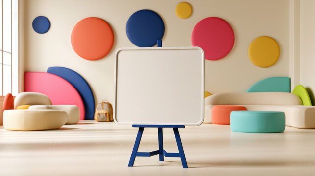 Blank white classroom sign mockup on a blue easel surrounded by colorful geometric decor and modern preschool furniture