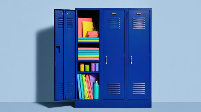 Open blue school locker filled with colorful notebooks, folders, stationery and water bottle neatly organized for a student