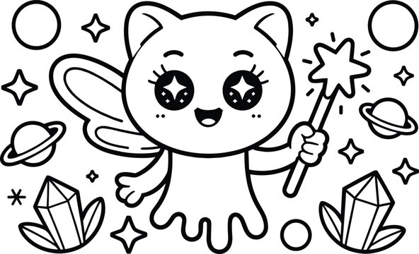 Cute magical cartoon character with cat ears, wings and star wand surrounded by crystals, planets and stars illustration