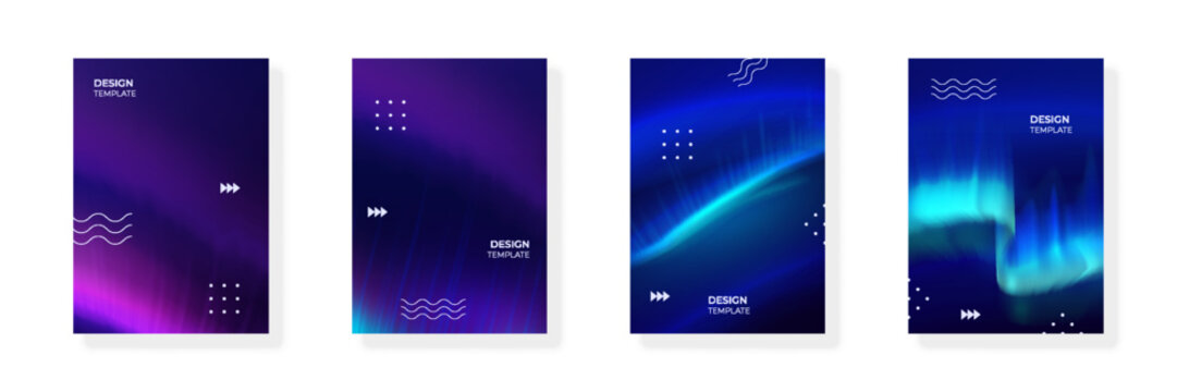 An abstract set of poster templates featuring a bright neon aurora borealis in blue , purple tones.