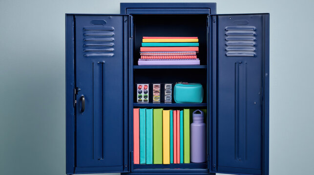 Open blue school locker with colorful books, notebooks, pencil case and water bottle arranged neatly on shelves