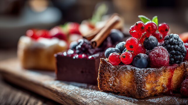Close-up of Austrian desserts including Sachertorte, Linzer Torte and Kaiserschmarrn with fresh berries and cinnamon, shallow depth of field, premium bakery photography, no people