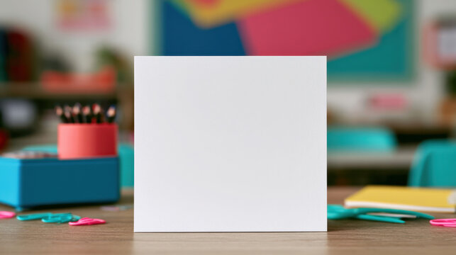 Blank teacher welcome letter card mockup on classroom desk with colorful school supplies in background