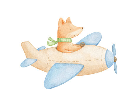 Cartoon pilot fox character in aeroplane. Watercolor baby mascot for children illustrations, playful journey designs, or vintage-style nursery artwork.