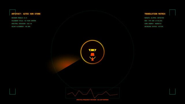 Futuristic Digital Aztec Sun Stone Interface HUD Animation with Rotating Radar Scanning System