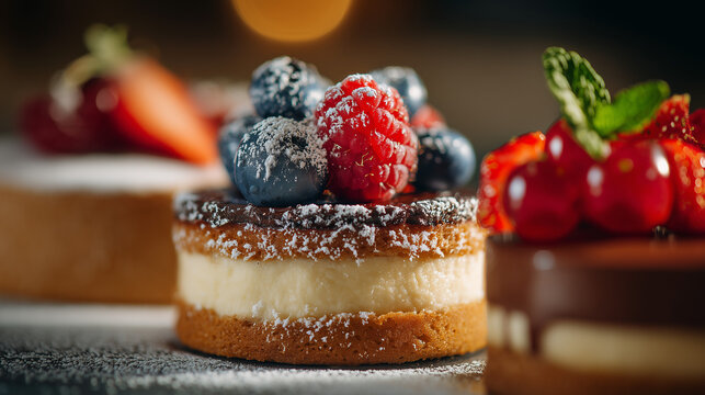 Close-up of Chilean desserts featuring alfajores, kuchen and milhojas cake with fresh berries, shallow depth of field, premium advertising food photography, no people