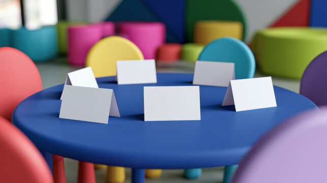 Colorful preschool classroom round table with blank folded name cards and bright child-sized chairs